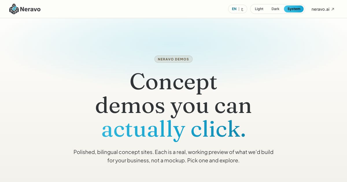 Neravo Demos home page in English, with the headline about concept demos you can actually click and the language and theme controls in the header.