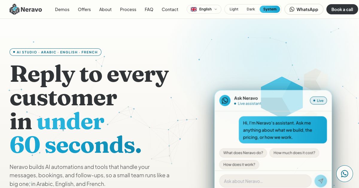 Neravo home page in English, with the headline about replying to every customer in under sixty seconds next to the Ask Neravo chat panel.